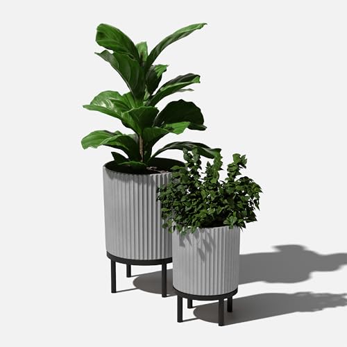Image of Veradek Demi Series Raised Duo Planters - Set of 2 Planters with Stands | Made From a Durable Plastic-Stone Composite & Comes With Wooden Stand. Modern Porch /Patio Decor
