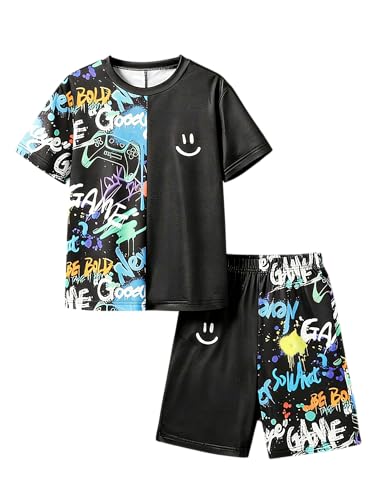 KIDLAGA Teen Boy Clothes Boys Outfits 2-Piece Short Sleeve Crewneck T Shirt and Color Block Shorts Boys Summer Clothes Set - Black for 7-8 Years