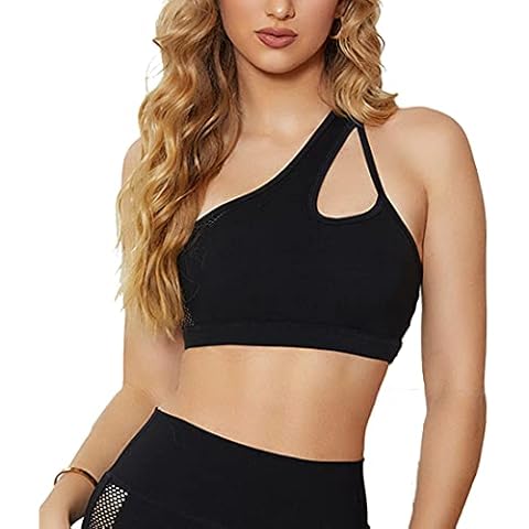 Lukitty Women One Shoulder Sports Bra Sexy Yoga Workout Running Fitness Tops, Black, M Cover
