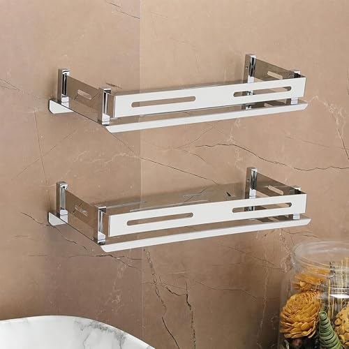 Image of FORTUNE Stainless Steel Wall Mount Bathroom Shelf Multi-Functional Storage Shelf, Kitchen Shelves, Rack Basket Bathroom Accessories Homes, Hotels Decor- Silver (18 X 5 Inch) (Pack of 2)