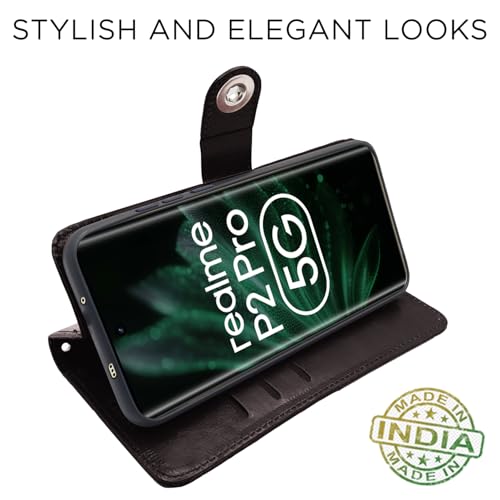 Image of Pikkme Flip Cover Leather Finish | Inside TPU with Card Pockets | Wallet Stand and Shock Proof | Complete Protection Button Flip Case for Realme P2 Pro 5G (Coffee)