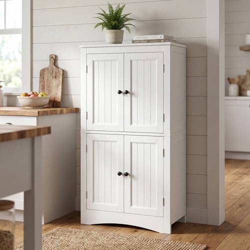 Blishom Armario de Despensa de Cocina, Unidad de Almacenamiento para Baño con Estantes Ajustables y 4 Puertas Magnéticas, Armario de Suelo para Cocina, Sala de Estar, Baño (Blanco)