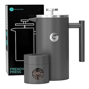 Coffee Gator French Press Coffee Maker – Thermal Insulated Brewer Plus Travel Jar – Large Capacity, Double Wall Stainless Steel – 34oz – Gray