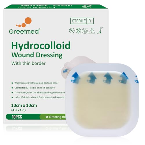 Hydrocolloid Bandages 4" x 4" with Thin Border Large Hydrocolloid Dressing, Self Adhesive Big Waterproof Highly Absorbent Hydrocolloid Patch for Burn Bedsore, Bliste, Acne Care(10 Pack)