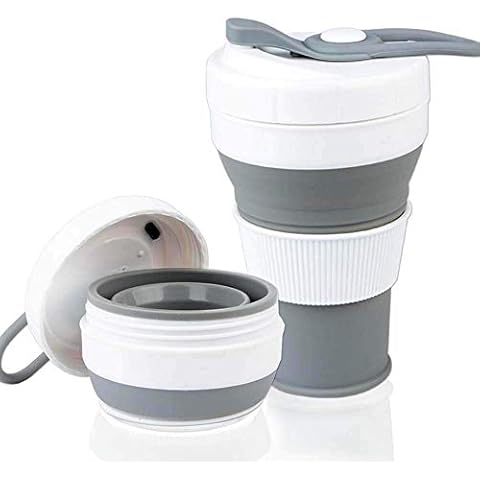 Collapsible Coffee Cup Silicone [Cup Mouth with Thread], (16oz 450ml, BPA Free Eco Reusable Coffee Cup), Portable Coffee Cup with Lids, Foldable Coffee Mugs Collapsible by AniSqui (Gray) Cover