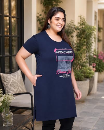 Image of In Love Women's Printed Cotton Plus Size Longline T-Shirt with Pockets | Cotton fabric - soft longline T-shirt with easy plus-size fit