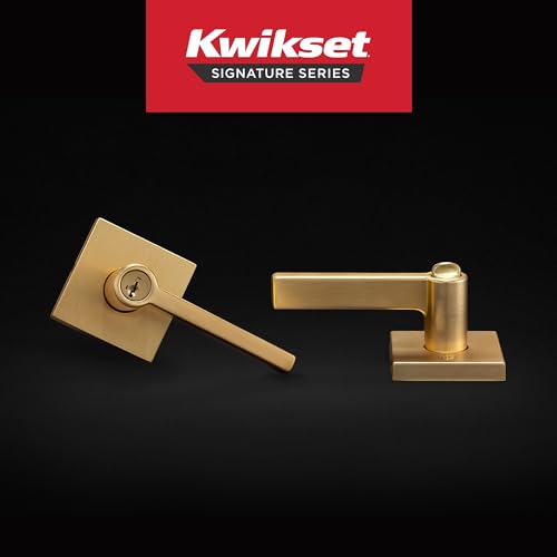 Image of Kwikset Halifax Entry Door Handle with Lock and Key, Secure Keyed Reversible Lever Exterior, for Front Entrance and Bedrooms, Satin Brass, Pick Resistant Smartkey Rekey Security