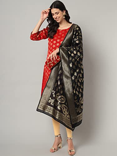 Image of VredeVogel Women's Cotton Silk Blend Straight Kurta With Dupatta with Banarasi Silk Dupatta