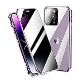ロック付き 覗き見防止 iPhone14 ケース フルカバー カメラ保護 全面カバー ロック式 アルミバンパー マグネット式 アイフォン14 ガラスケース 両面ケース 360度 全面保護 (iPhone14, 薄紫)
