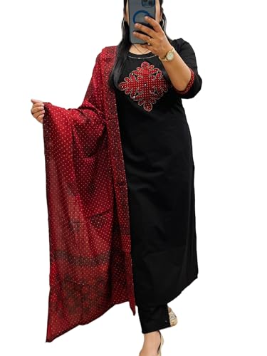 Women's Cotton Embroidered Anarkali Kurta and Palazzo with Dupatta Set