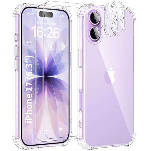 SOGUDE 5 en 1 Coque pour iPhone 17 6,3 Pouces avec 2 Verre Trempé et 2 Caméra Protecteur, Étui de Protection Antichoc avec Coussin d'air Intégré Mince Bumper Housse - Transparente