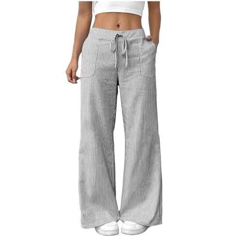 Image of Straight Leg Linen Trousers Womens- Wide Leg Striped Trousers for Women Cotton Linen Drawstring Pant High Waisted Baggy Palazzo Pants Casual Lightweight Full Length Beach Holiday Bottoms with Pocket