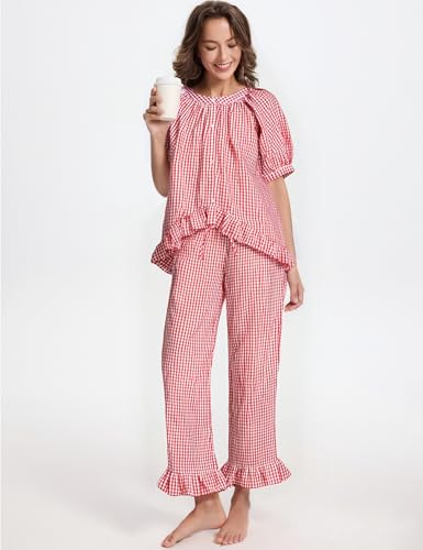 Image of Gihuo Gingham Pajama Set for Women 2 Piece Plaid Cotton Button Down Top and Pants Ruffle Babydoll Pjs Lounge Sets