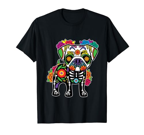 Perro pug esqueleto floral día de muertos día de los muertos camiseta