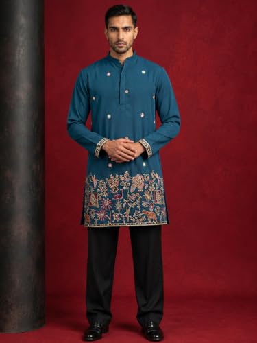 Jompers Japanese Fabric Embroidered Kurta with Korean Pants (Peacock, - Image 5
