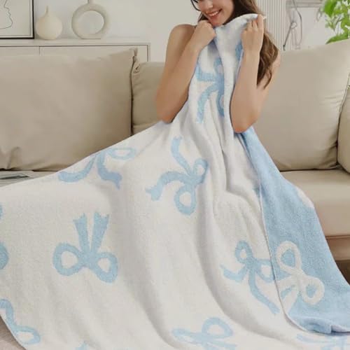 Image of Bow Blanket Blue Bows Soft Throw Blanket Reversible Premium Cozy Fabric for Best Comfort - for Infant,Toddler,Newborn,Nursery,Girl,Throw,Crib,Stroller,Gift (Blue Bows, 50x60 in)