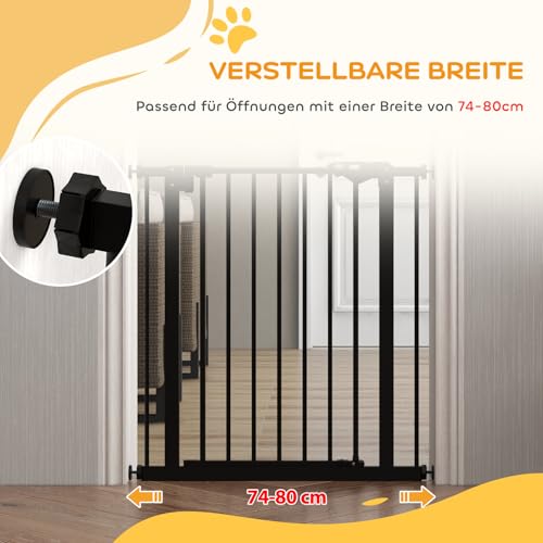 PawHut Türschutzgitter Treppenschutzgitter Türgitter ohne Bohren mit Auto-Close Treppengitter für Breiten 74-80 cm Beidseitig Schwenkbar Metall Schwarz