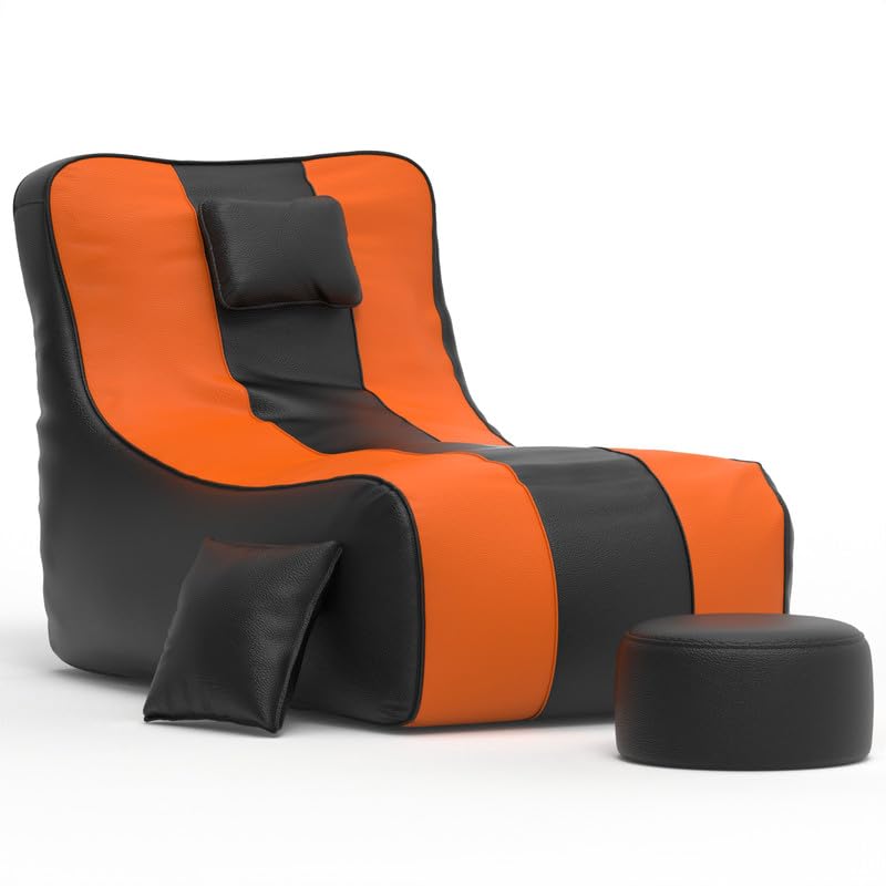 Image of Biggie Bean Bag with Beans Filled 6XL Zuno Lounger-Laziness Pro Max-Crafted for Comfort-Styled for Elegance with Free Cushion & Footrest (Matching Color : Leatherette Black Orange)