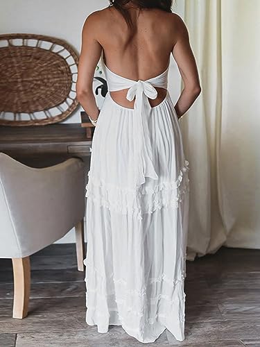 Image of Owl's-Yard Women Ruffle Spaghetti Strap Dress Sexy Backless Tiered Flowy Sundresses Boho Beach Long Dress Clubwear (G-02, L)