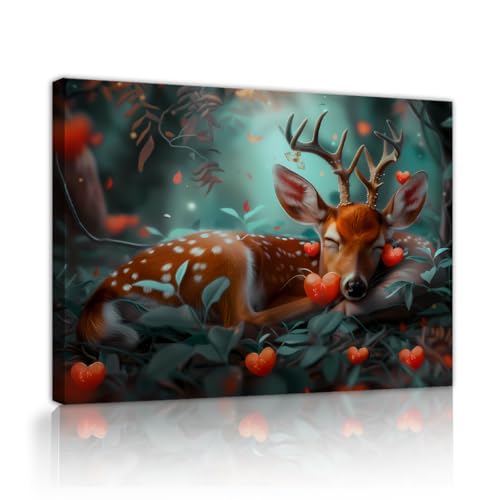 OSHIONARTE Arte mural enmarcado por cervatillos botánicos Grabados de lienzo vintage de cabaña Cartel de corazones mariposas Póster y grabado para guardería 60x80cm Marco interior
