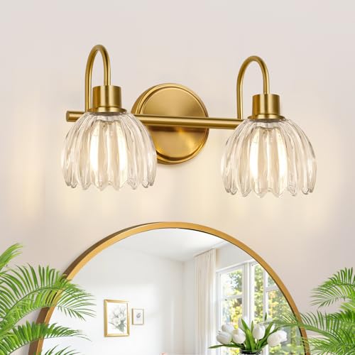 Image of Bathroom Vanity Light (2-Light, 15 in), Brushed Gold Vanity Lights for Bathroom with Ribbed Clear Tulip Glass Shade, Vintage Vanity Wall Lights for Mirror Bedroom Living Room Hallway