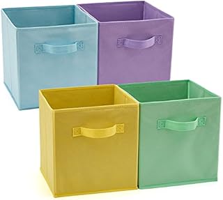 EZOWare Set of 4 Foldable Fabric Basket Bins with Handle 26.7 x 26.7 x 28 cm, Collapsible Organiser Storage Cube for Nursery Home and Kids Playroom Toy Organizing - Blue Green Purple Yellow