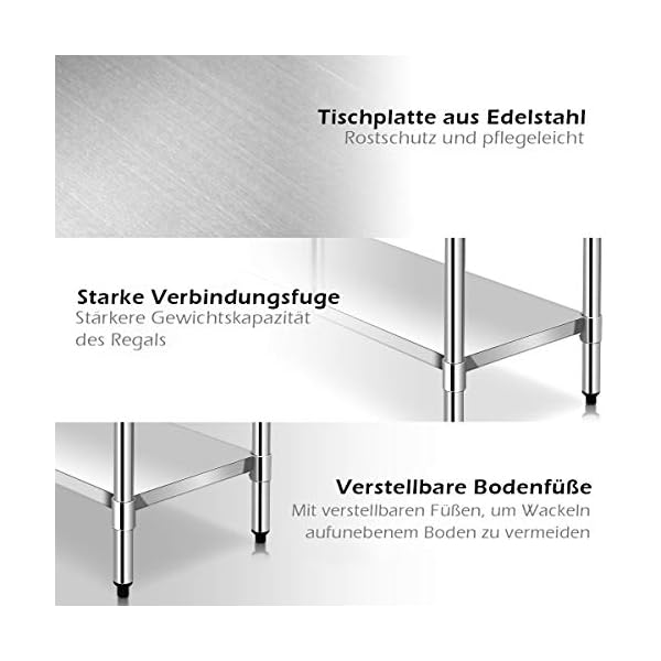 COSTWAY Edelstahl Küchentisch mit höhenverstellbarem Ablage, Arbeitstisch Gastro Tisch Edelstahltisch Zubereitungstisch… – Bild 6