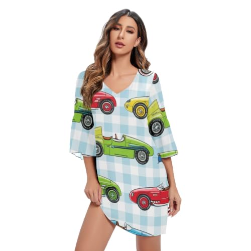 Robe lignes de plaid et voitures rétro à col en V plongeant