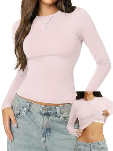 Danysu Womens Bulit in Bra Double Lined Nylon Long Sleeve Tops Crew Neck High Stretchy Fitted Fall Fashion Shirts 2025 Frost Pink M