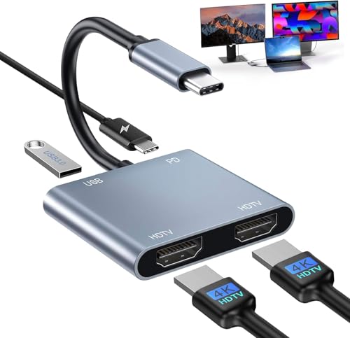 Image of Laptop Docking Station Dual Monitor, USB C Docking Station Double Monitor Compatible for Dell /HP /Lenovo /Mac, Dual HDMI Adapter for 2 Monitors with 2 HDMIs 4K /USB3.0 /PD, HDMI Splitter Extended Display