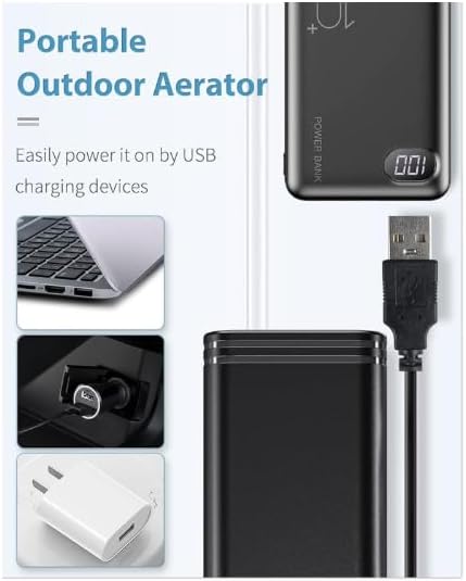 The Pawfly aerator being powered by various USB sources: a laptop, a car charger, and a wall adapter.