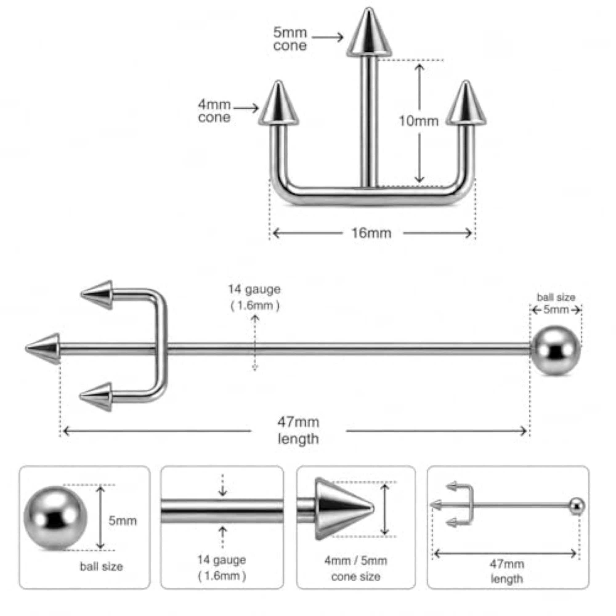 Trident Industrial Barbell, 316L Surgical Steel