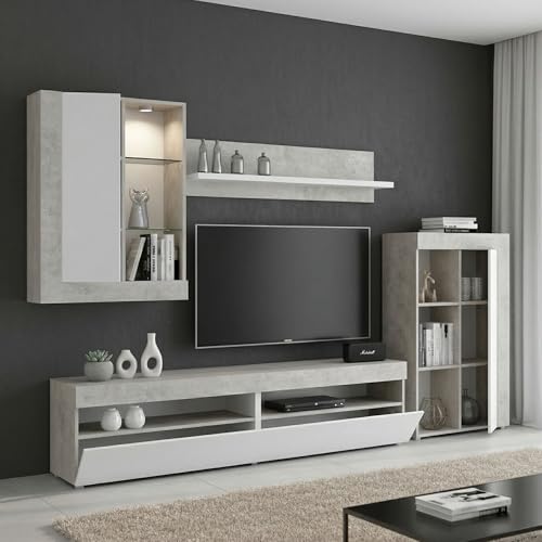 Dmora Parete Attrezzata Beverin 42x265x180h cm Bianco 12 Ripiani Modulabile, Apertura Battente e a Ribalta