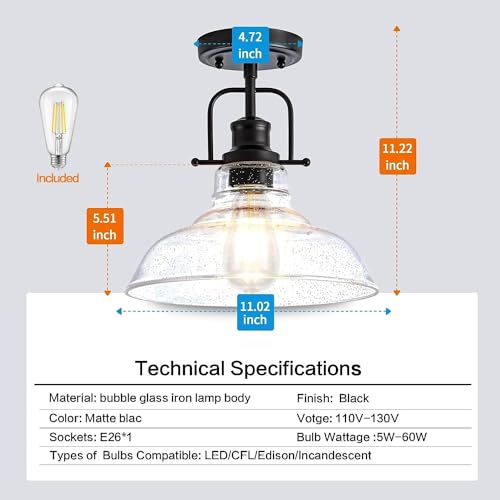 Zlepmlla 8726-1X-1 Flush Mount Ceiling Light Fixture < Bulb Included >, Black Metal Frame Ceiling Light Fixture With Seeded Glass, Farmhouse Light Fixture thumb #1