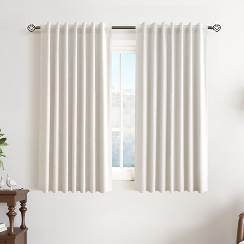Cream Natural 100% Blackout Linen Drapes Curtains 54 Inch Length 2 Panels Set Short Beige Room Darkening Thermal Insulated Curtains for Living Room Kitchen Windows Textured Curtain with Hooks 52x54