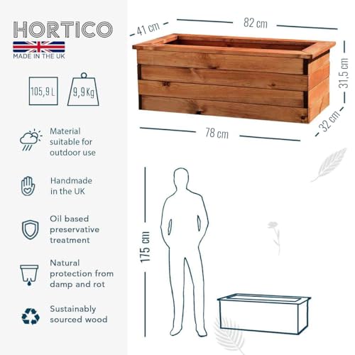 Hortico Set of 2 Wooden Planters for Garden Trough Plant Pots Outdoor | Decking Planters | Fully Assembled H31.5 L82 W41 cm, 105.9L, Made in the UK - Image 3