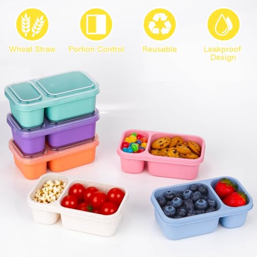 DOSEWART 2-Compartment Reusable Snack Containers with Lids Wheat Straw Reusable Snack Packs for Meal Prep Food Storage on-the-go Snacking(6Pack)