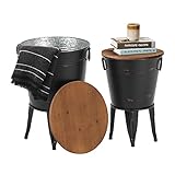 Rustic Storage Farmhouse Accent Side Table, Antique Galvanized Metal End Coffee Cocktail Table Box Bin with Round Wooden Lid Set of 2 (Black)
