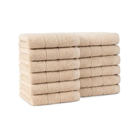 Arkwright Premium Washcloths - (Pack of 12) - Soft & Absorbent, 100% Ringspun Cotton, Contemporary Design Wash Cloths with Dobby, Multipurpose Fingertip Towels, Beige Cover