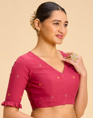 Image of Studio Shringaar Women's Handloom Cotton Jamdani Border Readymade Saree Blouse