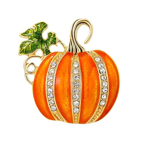 Image of Rhinestone Pumpkin Brooch Pin for Women, Halloween Thanksgiving Gold Tone Enamel Green Leaf Brooches Lapel Pins Cute Autumn Holiday Festival Hat Bag Suit Dress Jewelry Souvenir