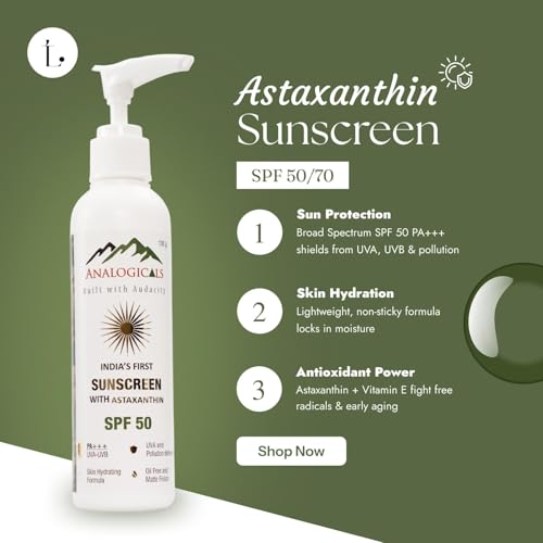 Image of Sunscreen SPF 70 PA++++ with Astaxanthin for Men & Women | Broad Spectrum UVA UVB & Blue Light Protection | Water Resistant Non Greasy Dewy Finish Sunscreen for All Skin Types | 100ml