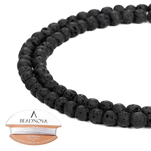 Image of BEADNOVA 4mm Natural Black Lava Rock Stone Gemstone Round Loose Volcanic Beads with Free Crystal Stretch Cord for Jewelry Making (90-92pcs)