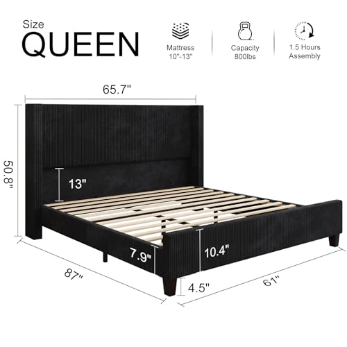 HOWE Queen Size Upholstered Bed Frame, Wingback Platform Bed with 50.8" Headboard, Corduroy/Solid Wood Leg/No Box Spring Needed/Noise Free/Black