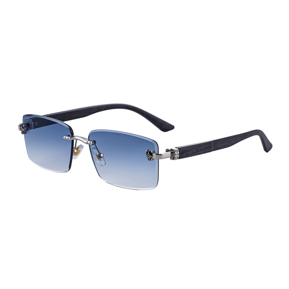 Modische rahmenlose Sonnenbrille für Damen und Herren (2026), Bügel in Retro-Holzoptik, polarisierte Gläser mit Sonnenschutz