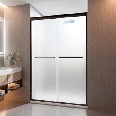 Frosted Shower Doors, 44-48 in W x 72 in H, 1/4 in(6mm) Tempered Glass, Black Semi-Frameless Sliding Shower Door with Aluminum Frame