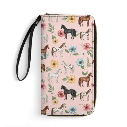 Fashion Wallets, Multi-Functional Lightweight, Unisex Handled Wallet, Passport Holder, Floral Cute Animal Horses Pink
