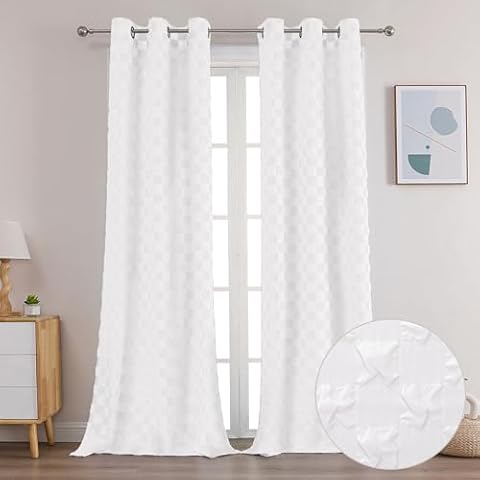 OVZME Abby White Curtains 96 Inch Length 2 Panels, Light Filtering Soft Airy 3D Embossed Textured Checkered Pattern Semi Drapes for Bedroom Living Room Windows, Grommet Top, 42Wx96L Cover