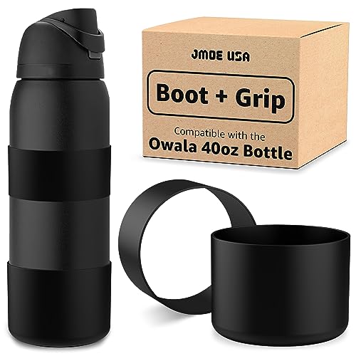 Jmoe USA Silicone Boot Sleeve + Hand Grip for Owala 40oz Water Bottle | BPA Free & Food-Grade Silicone Rubber | Protective Anti-Slip Bottom Bumper Cover | Protects Against Dents & Scratches (Black)