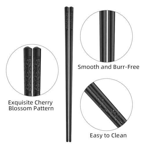 5 Paia di Bacchette in Fibra di Vetro, Set Nero, Riutilizzabili in Lega Giapponese, Lavabili in Lavastoviglie, Antiscivolo per Uso Quotidiano, 24cm - immagine 5